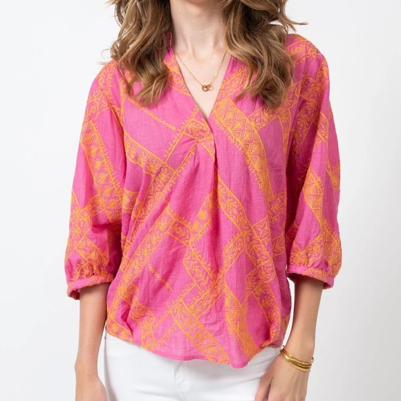 ivy jane Tops - Ivy Jane Embroidered Popover Pink and Orange Blouse